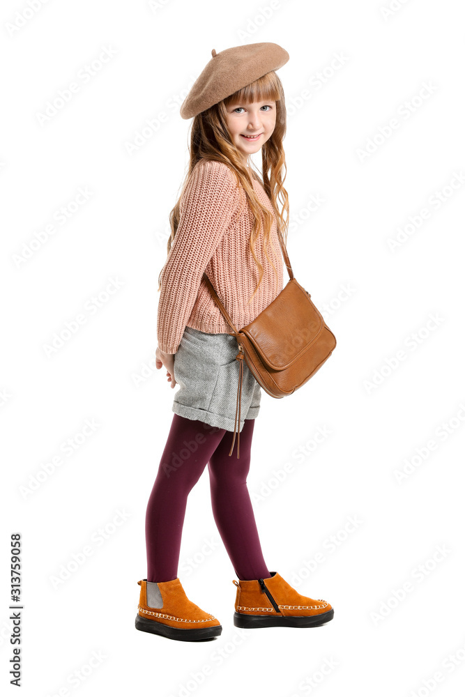 Cute fashionable girl on white background