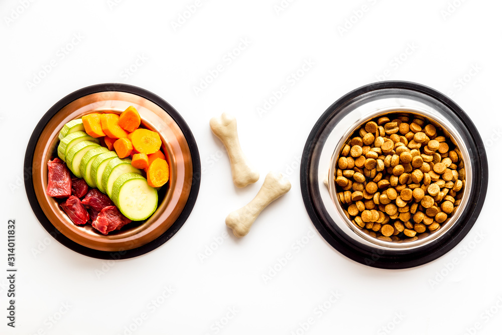 Ingredients of dry feed for dogs - meat, vegetables - near bones on white background top-down