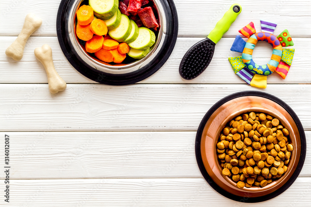 Pet care concept. Dry feed and meat in bowls near toy, brush and bones on white wooden background to