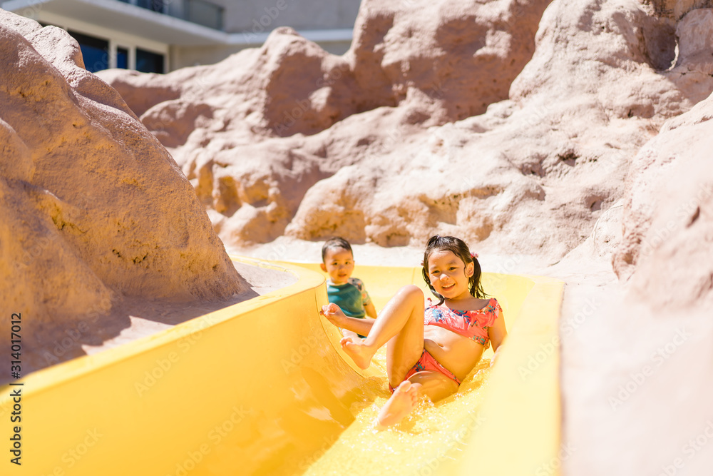 Sibling brother and sister on a water slide in the water park.Children in a swimsuit laughing and ha