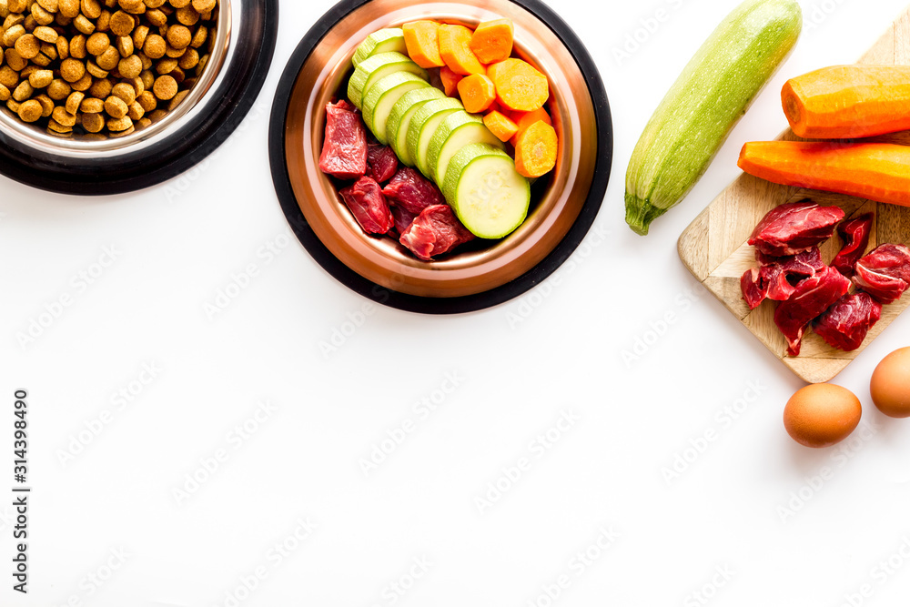 Pet feed ingredients. Raw meat and fresh vegetables near bowl with dry feed on white background top-