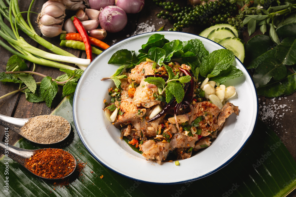 [Thai Esan food] Spicy Minced Fish Salad, Thai Esan local food, Thailand