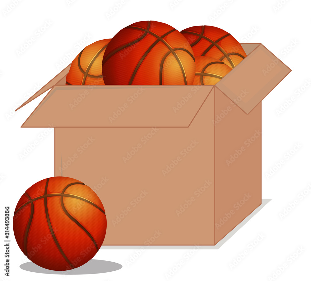 Cardboard box full of sport equipments on white background