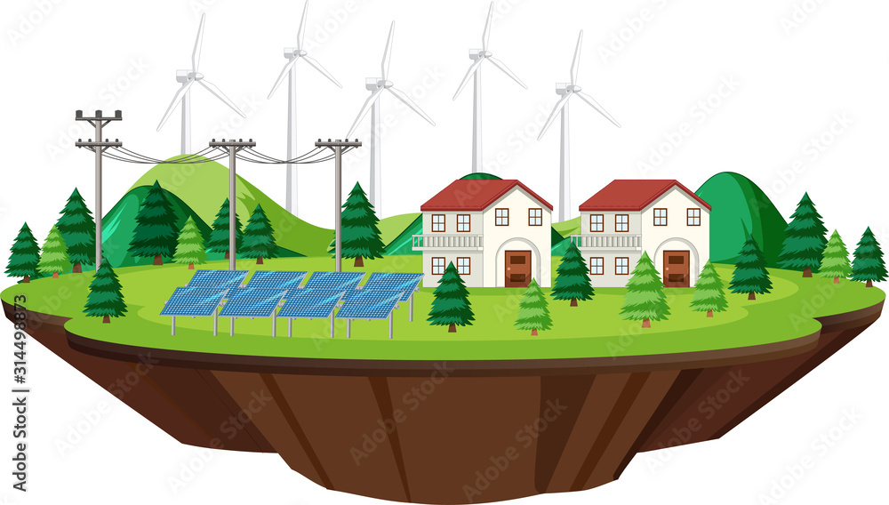 带太阳能电池和风力涡轮机的场景房屋