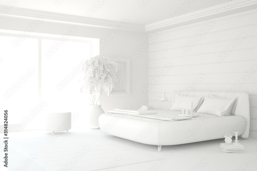 Modern bedroom in white color. Scandinavian interior design. 3D illustration