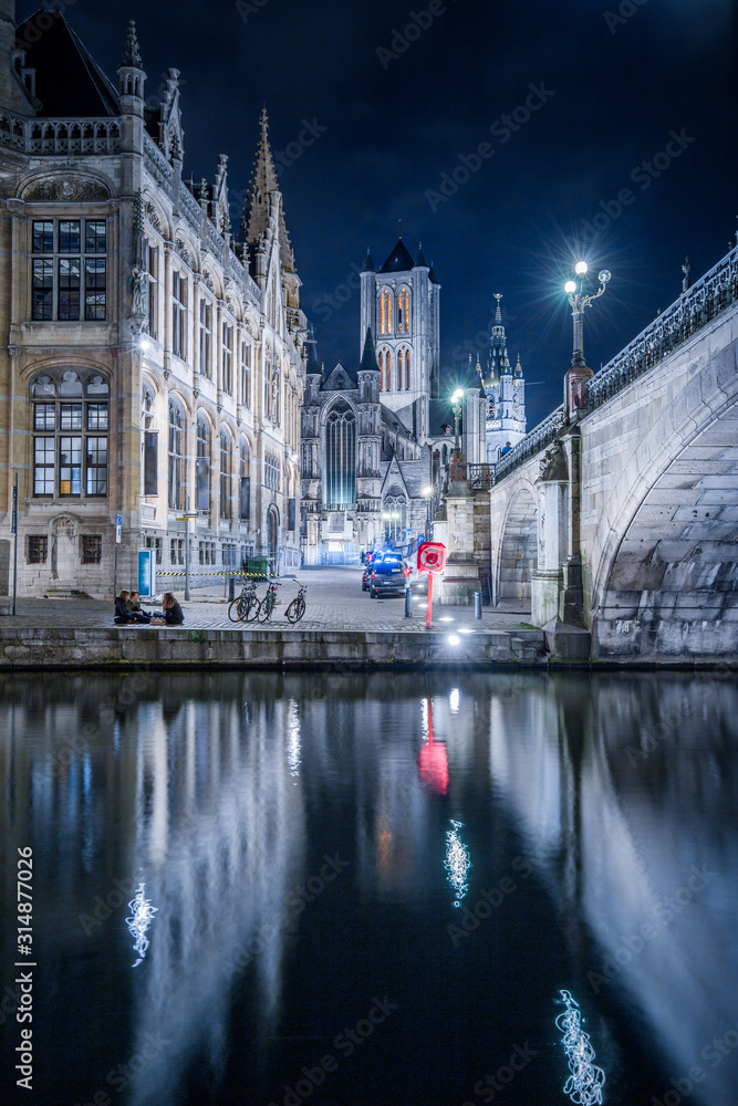 Twilight view of Ghent, Flanders, Belgium