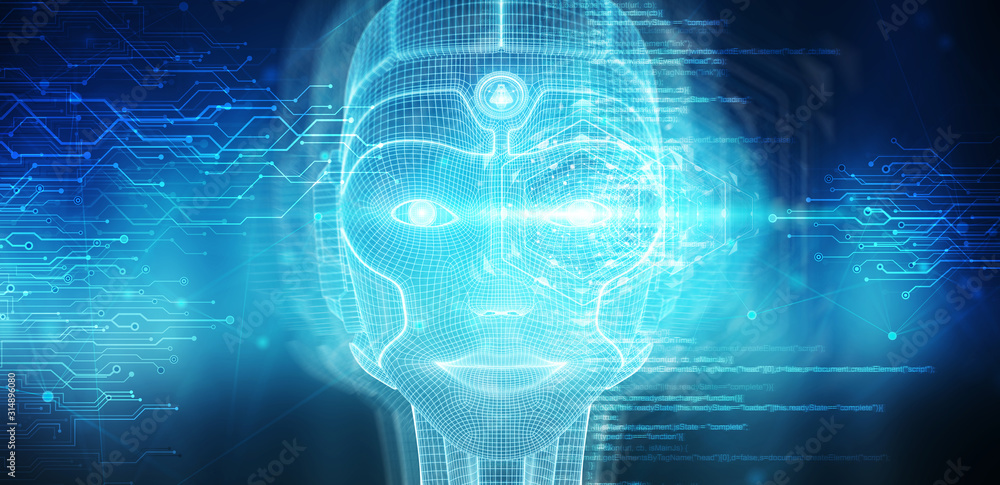 Robotic woman cyborg face representing artificial intelligence 3D rendering