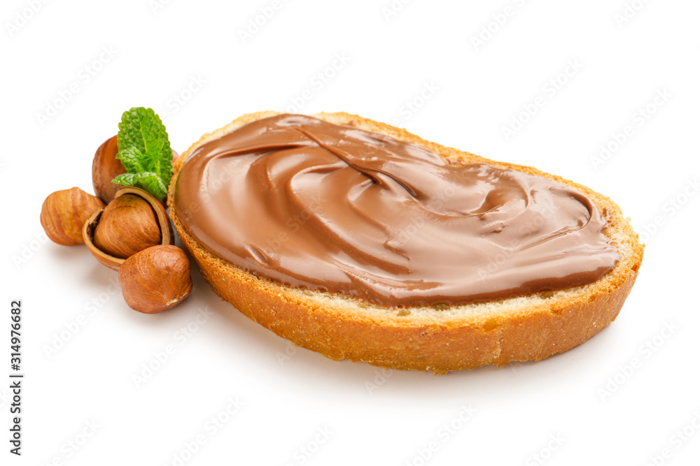 Fresh bread with chocolate paste on white background