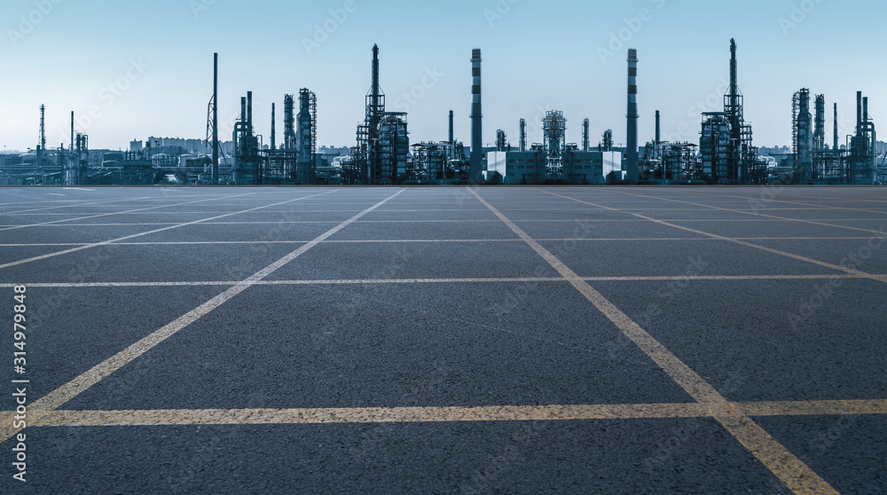 Road surface and urban architectural landscape skyline