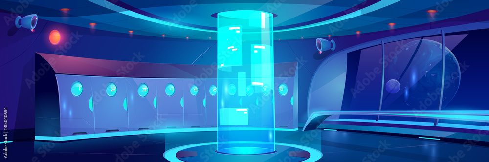 Futuristic school hallway interior at night. Vector cartoon background of empty corridor with locker