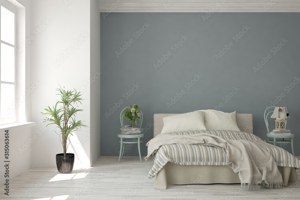 Stylish bedroom in white color. Scandinavian interior design. 3D illustration