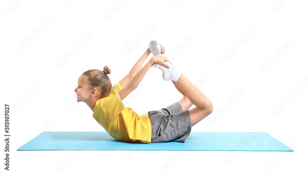 Little girl practicing yoga on white background