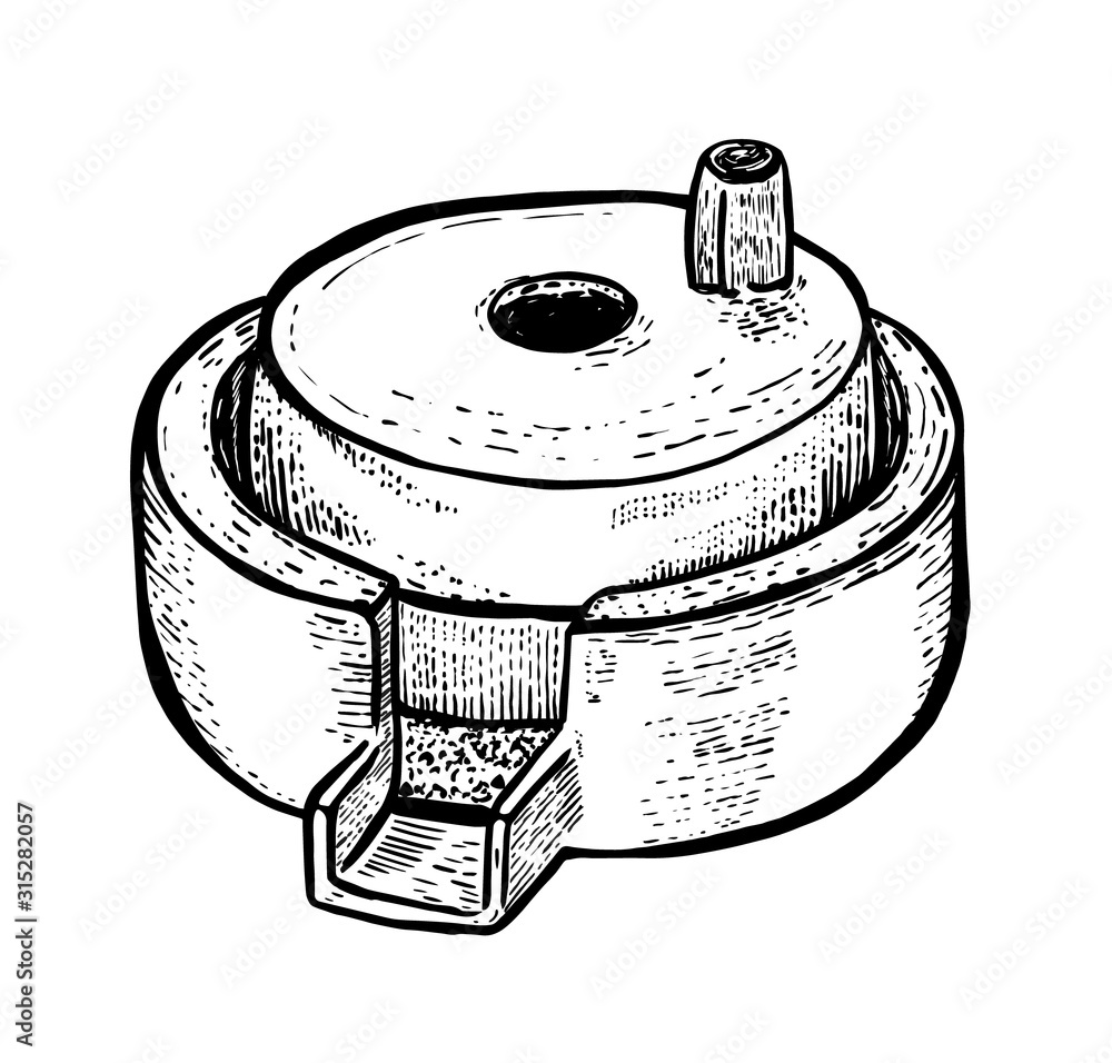 带手柄的谷物手工磨石。复古。手工写实绘画。雕刻风格vecto