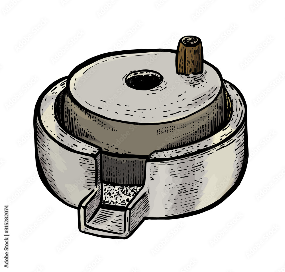 带手柄的谷物手工磨石。复古。手工写实绘画。雕刻风格vecto