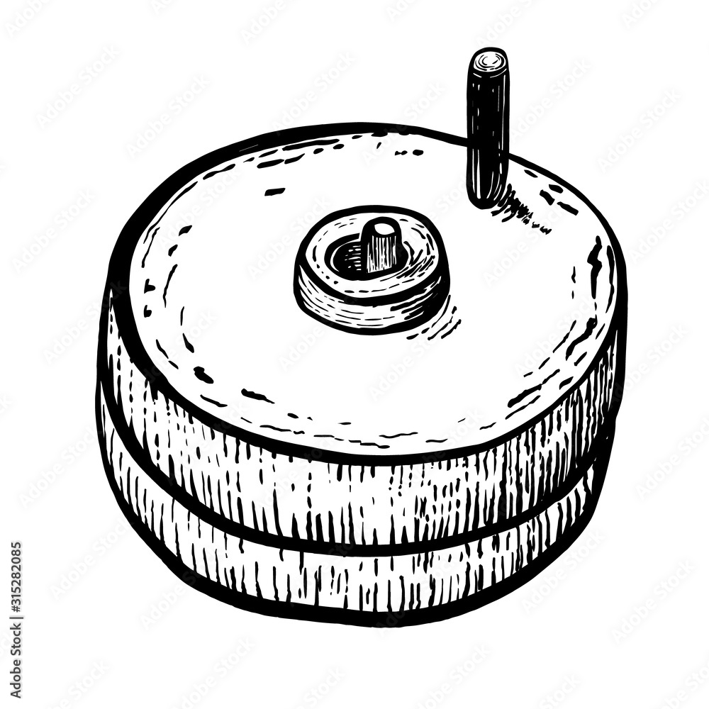 带手柄的谷物手工磨石。复古。手工写实绘画。雕刻风格vecto