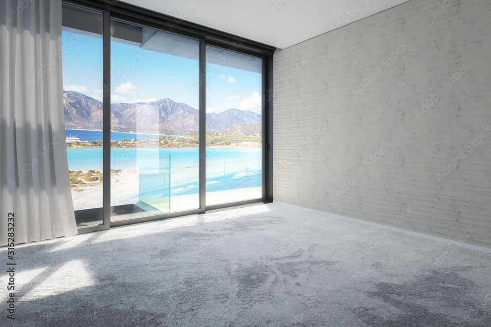 Empty Penthouse Room with Sea View - 3d visualization