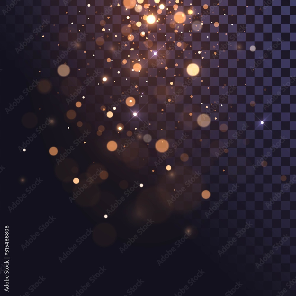 Falling golden sparks, dust glitter with blur effect on a transparent background