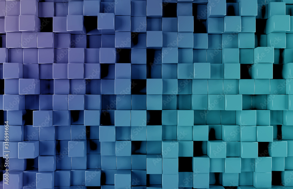 Glowing black and blue squares background pattern 3D rendering