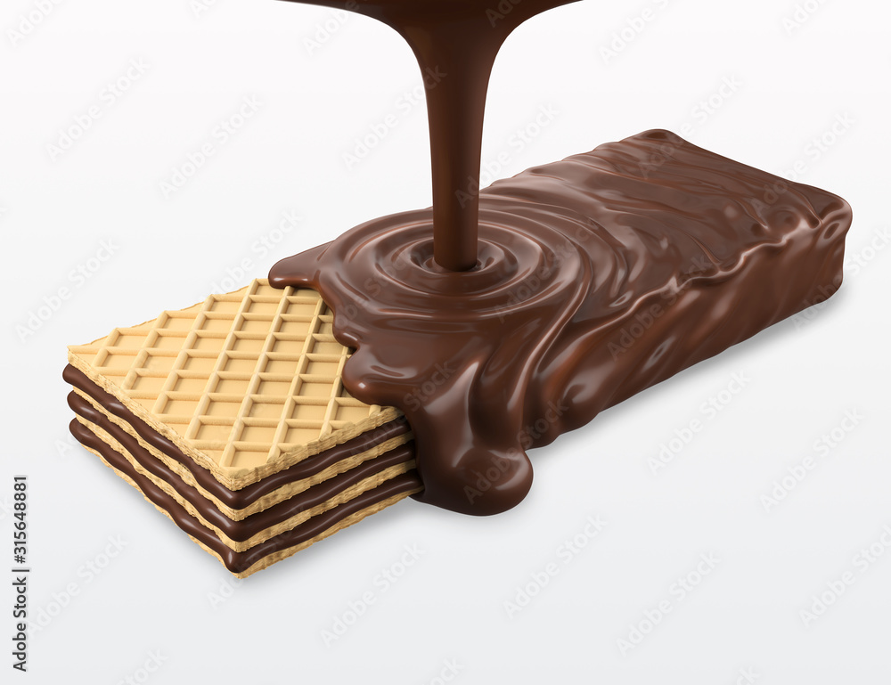 Dark chocolate coated on wafer piece, 3d illustration with Clipping path.