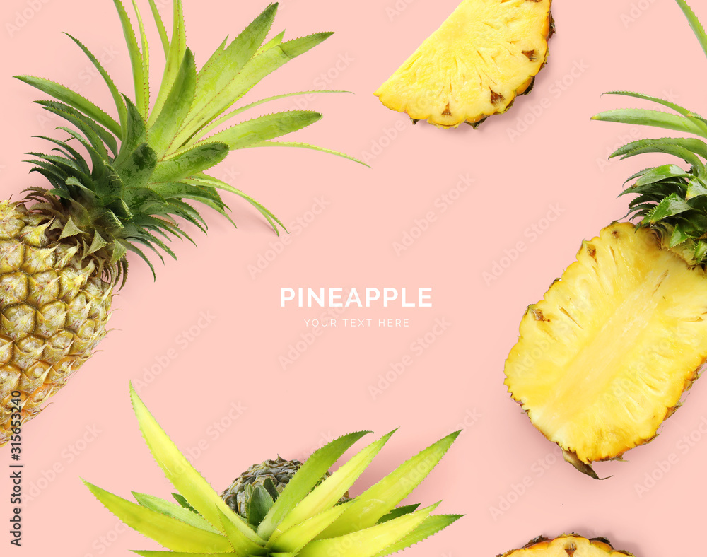 Creative layout made of pineapple. Flat lay. Food concept. Pineapple on the pink background.