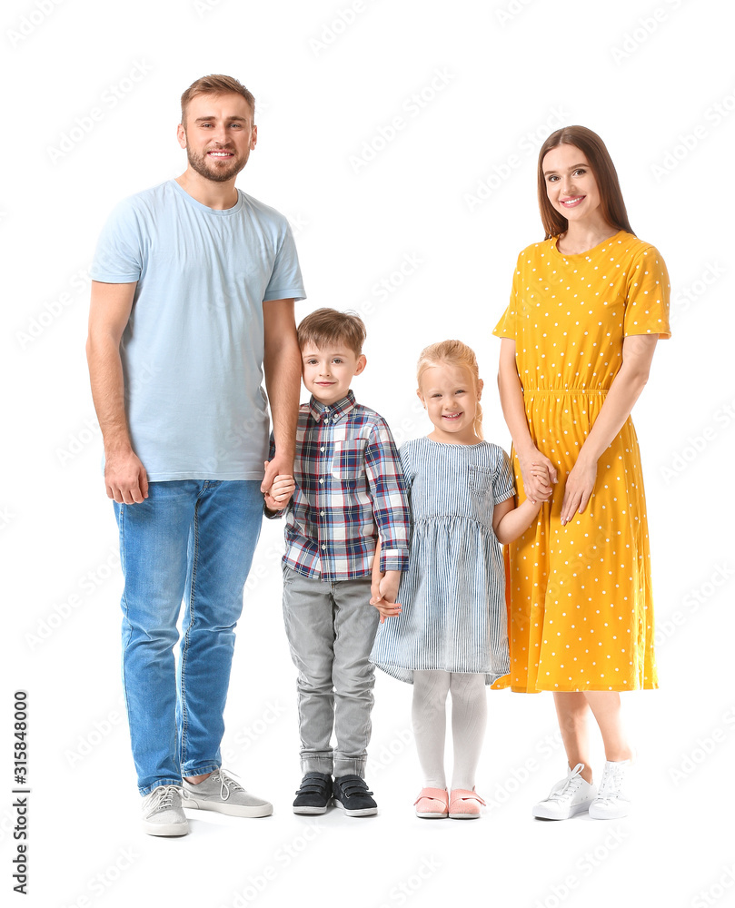 Portrait of happy family on white background