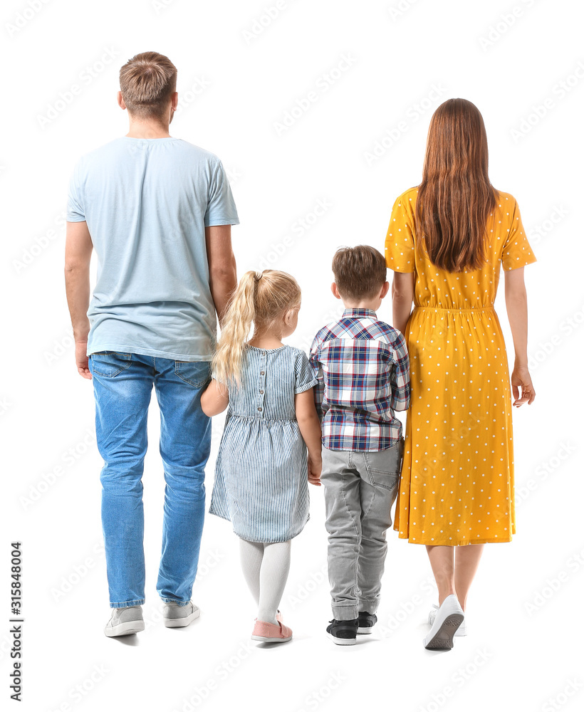 Happy family on white background, back view