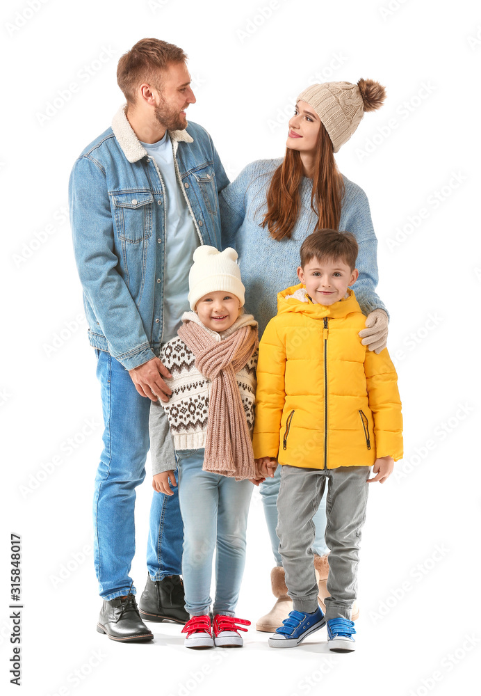 Portrait of happy family on white background