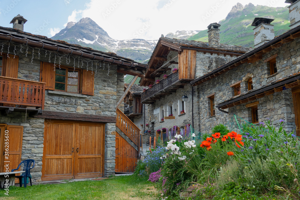 CLOSE UP: Scenic view of a blossoming garden by stone buildings under the Alps.