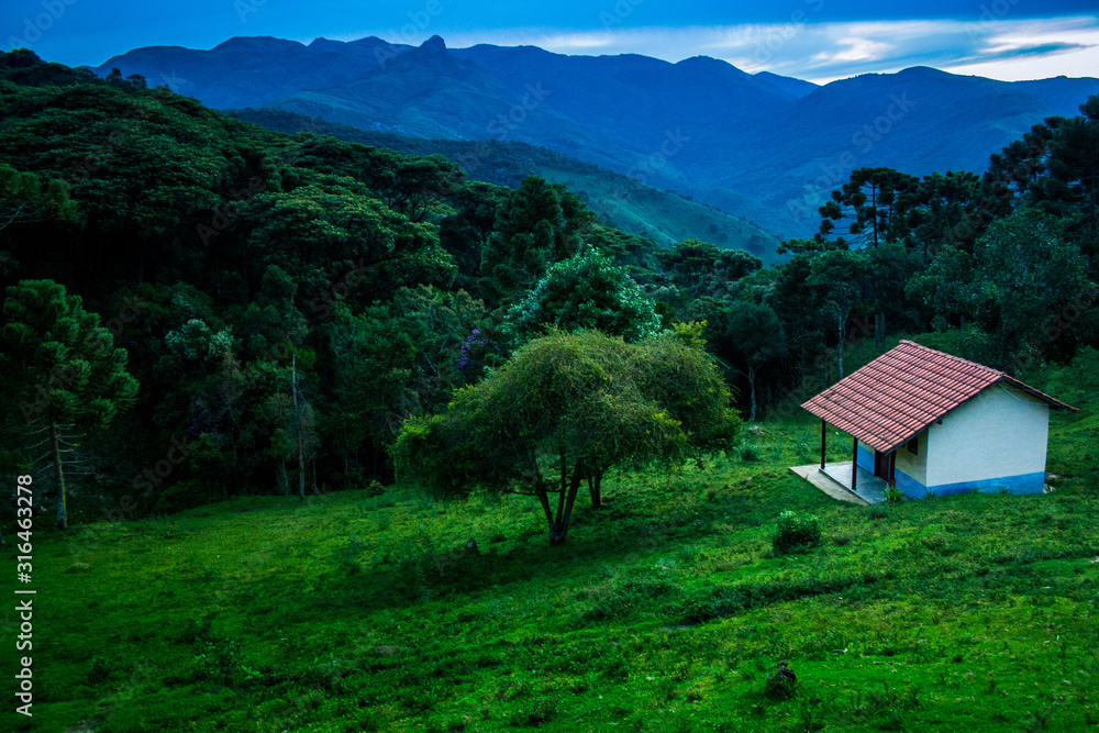 Panoramic view of the Atlantic Forest mountains. Exuberant nature. Itatiaia, Rio de Janeiro, Brazil.