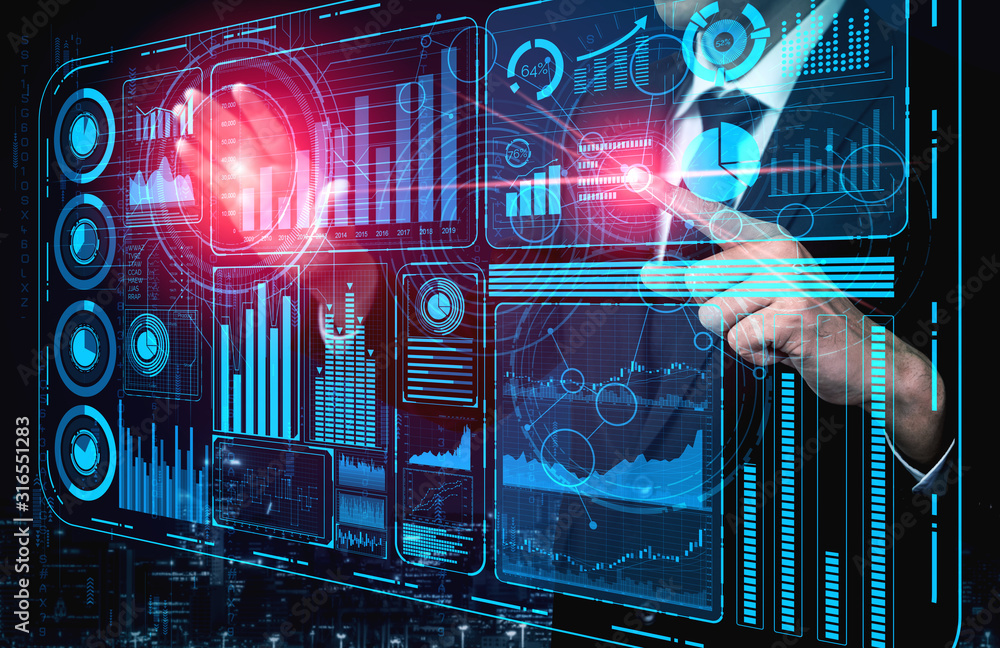 大数据技术用于企业财务分析概念。现代图形界面显示海量