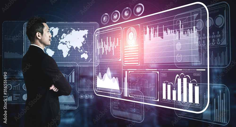 大数据技术用于企业财务分析概念。现代图形界面显示大量