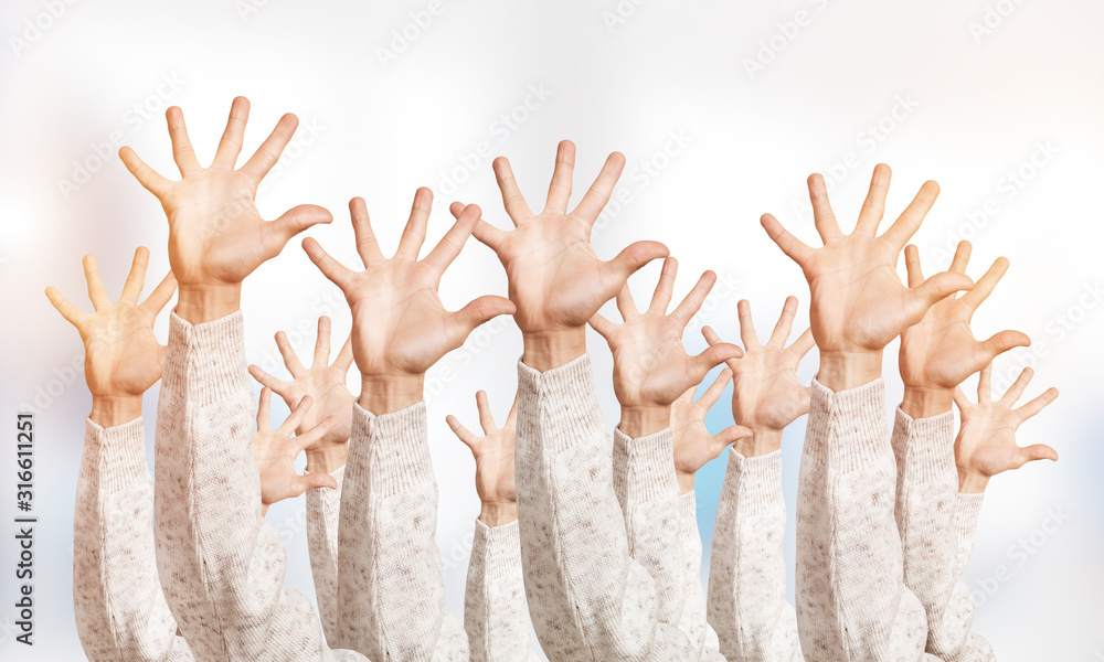 Row of man hands showing five spread fingers