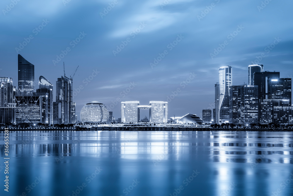 杭州金融区建筑景观和城市天际线夜景