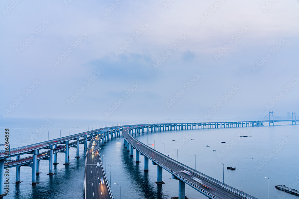 Night scenery of Dalian sea-crossing bridge in Dalian, Liaoning, China