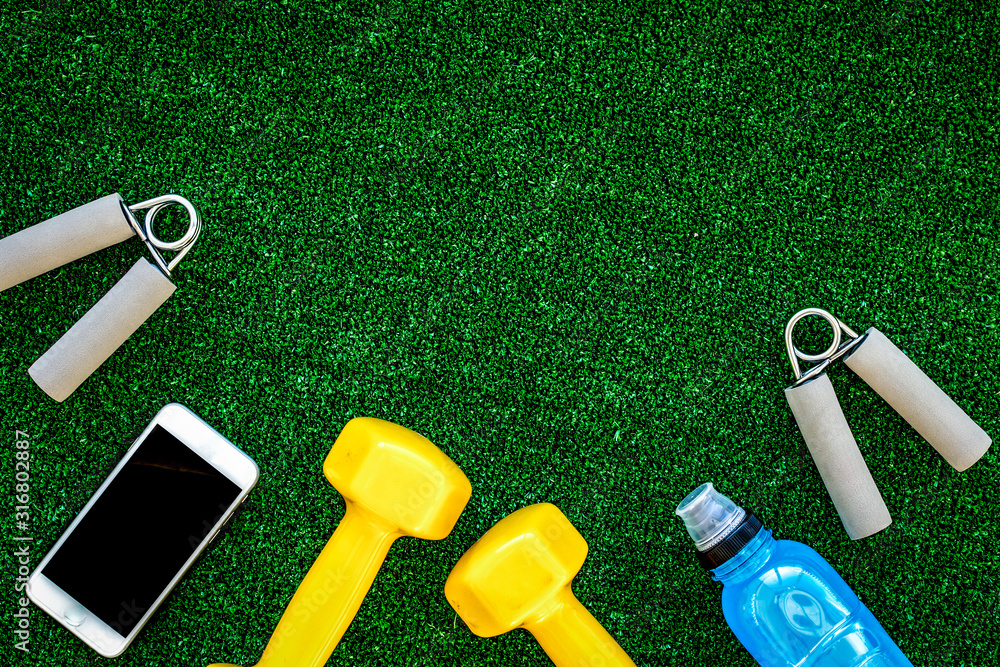 concept preparing to fitness sports equipment top view mock up