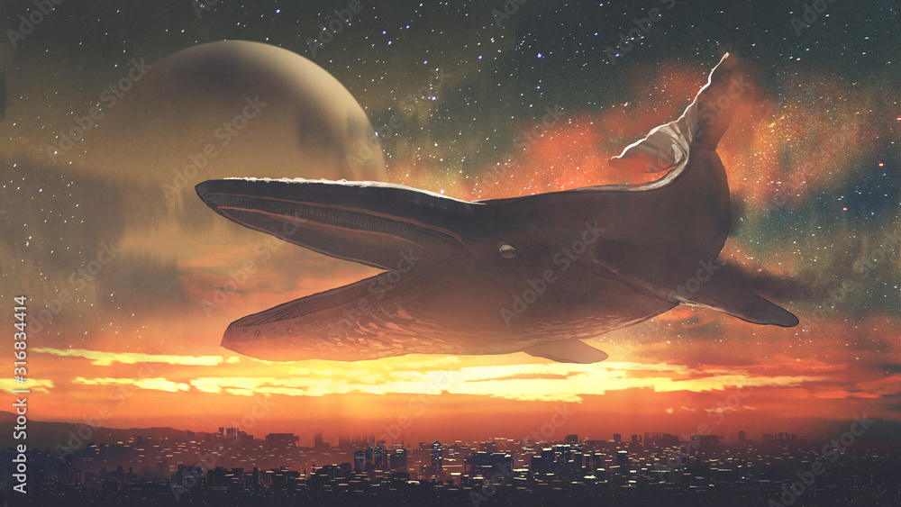 fantasy scenery of a giant whale flying above city against sunset sky, digital art style, illustrati