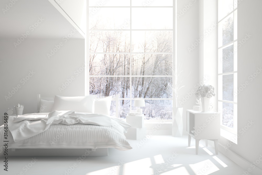 Stylish bedroom in white color with winter landscape in window. Scandinavian interior design. 3D ill