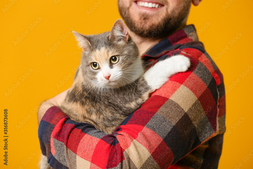 彩色背景上有可爱猫的男人