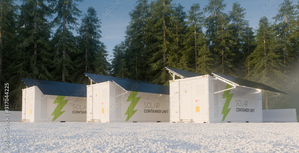 Concept of solar container units situated in forest environment .3d illustration.