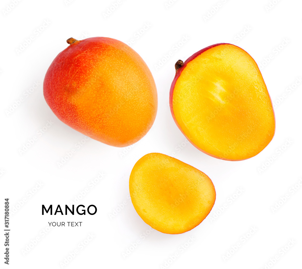 Creative layout made of mango and leaves. Flat lay. Food concept. Mango on white background.