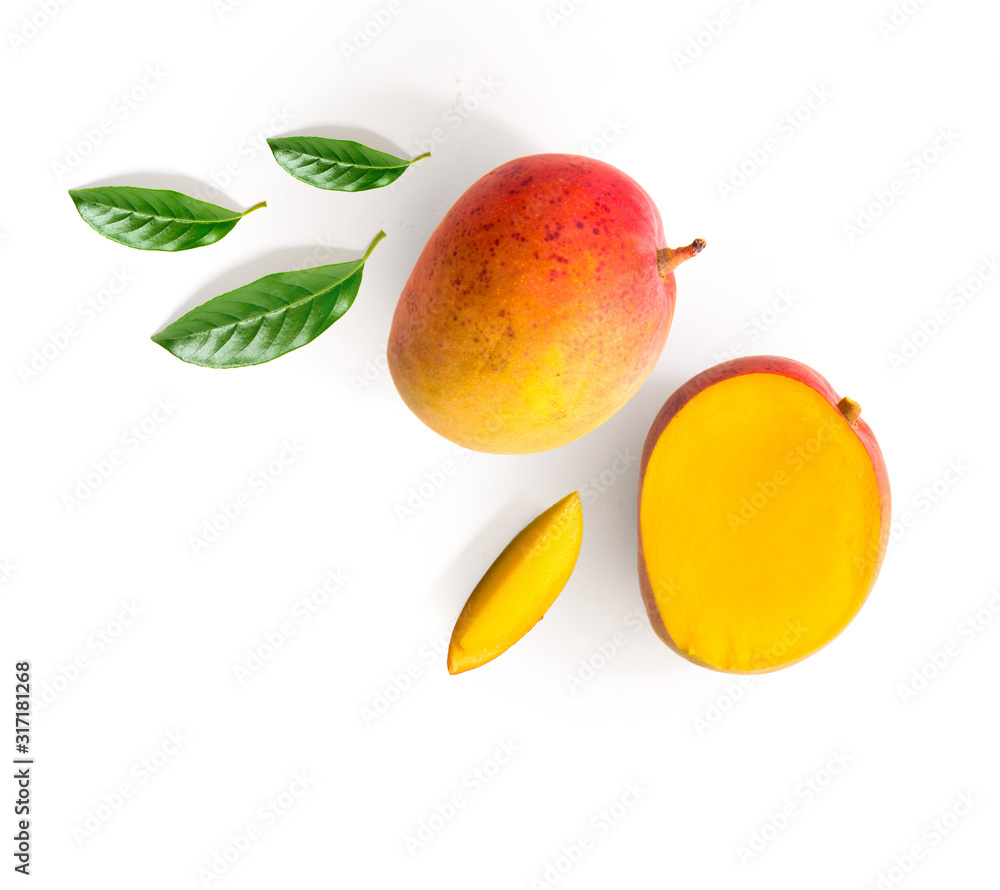 Creative layout made of mango and leaves. Flat lay. Food concept. Mango on white background.