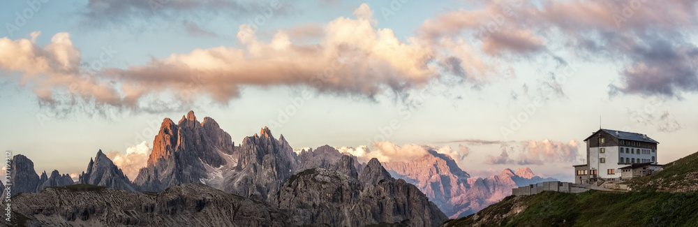 The Cadini Group, Mt. Campedelle and Auronzo hut in the Dolomite Alps, South Tyrol, Italy