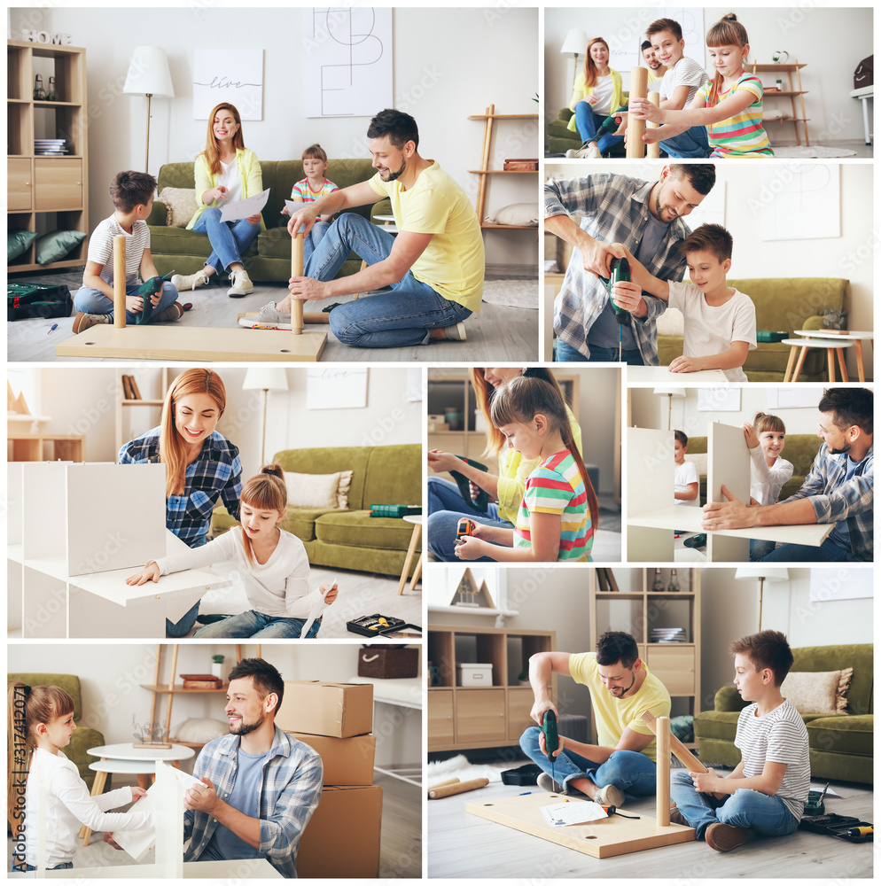 Collage of photos with family assembling furniture at home