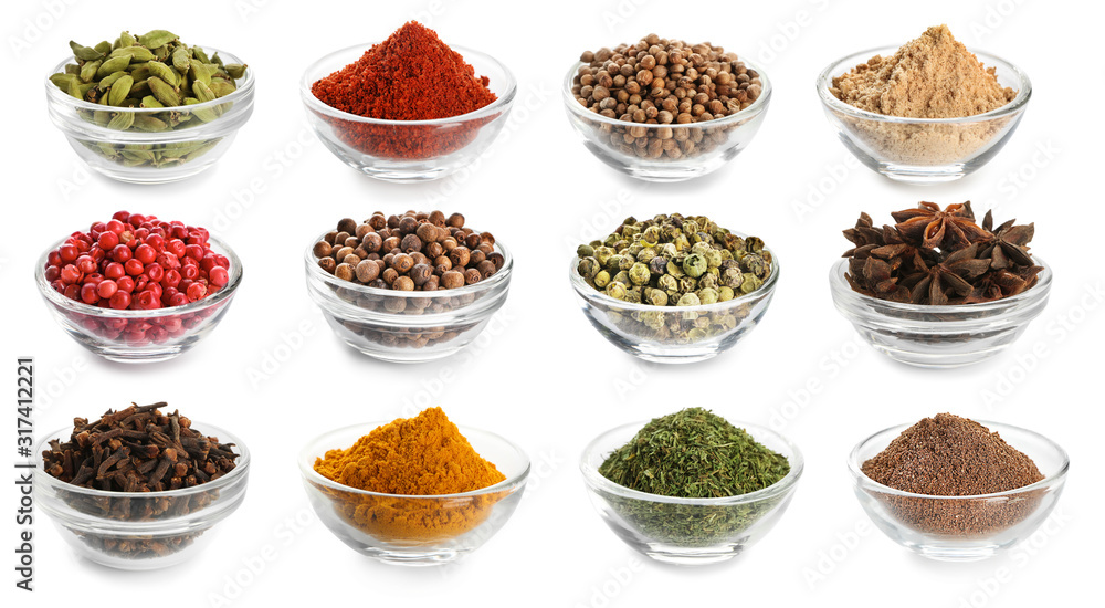 Many bowls with various spices on white background