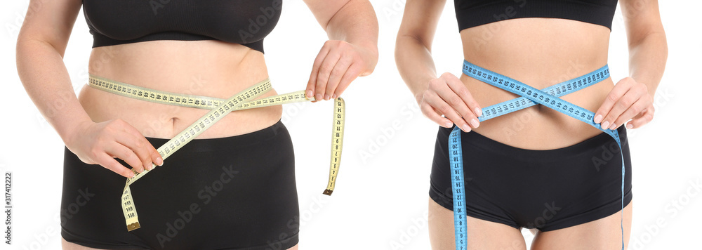 Young woman with measuring tape before and after weight loss on white background