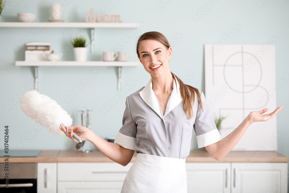 Portrait of beautiful chambermaid in kitchen