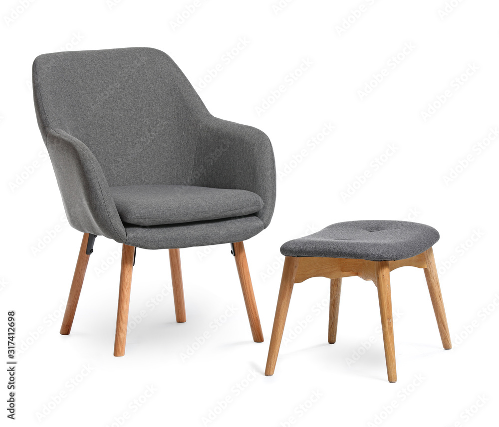 Modern armchair and stand on white background