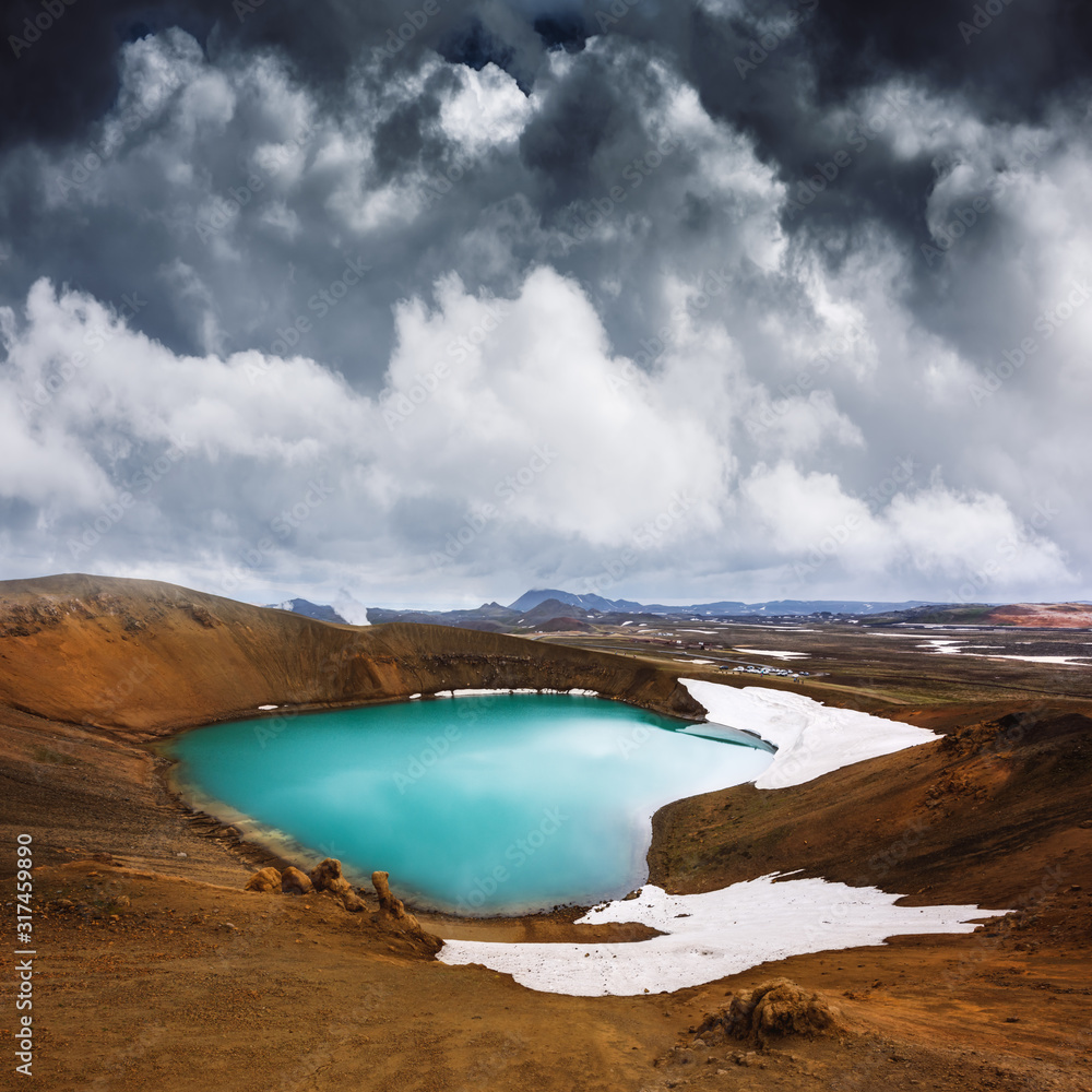 Acid hot lake in the geothermal valley Leirhnjukur, near Krafla volcano, Iceland, Europe. Landscape 