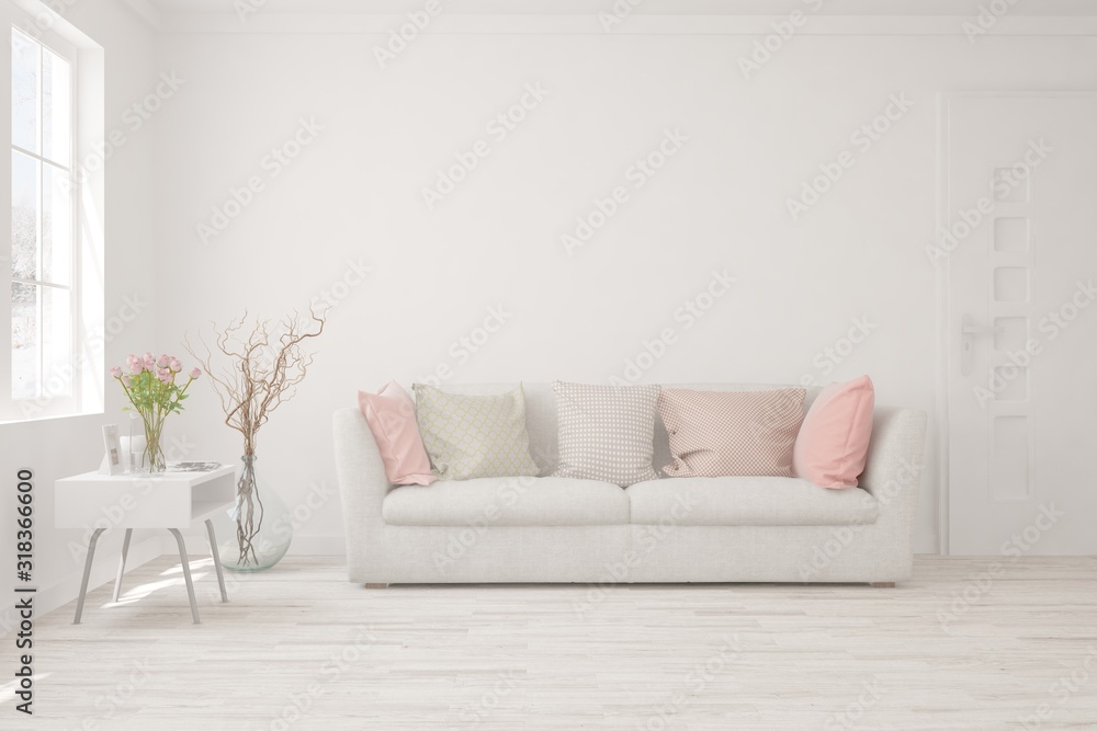 Stylish room in white color with sofa. Scandinavian interior design. 3D illustration