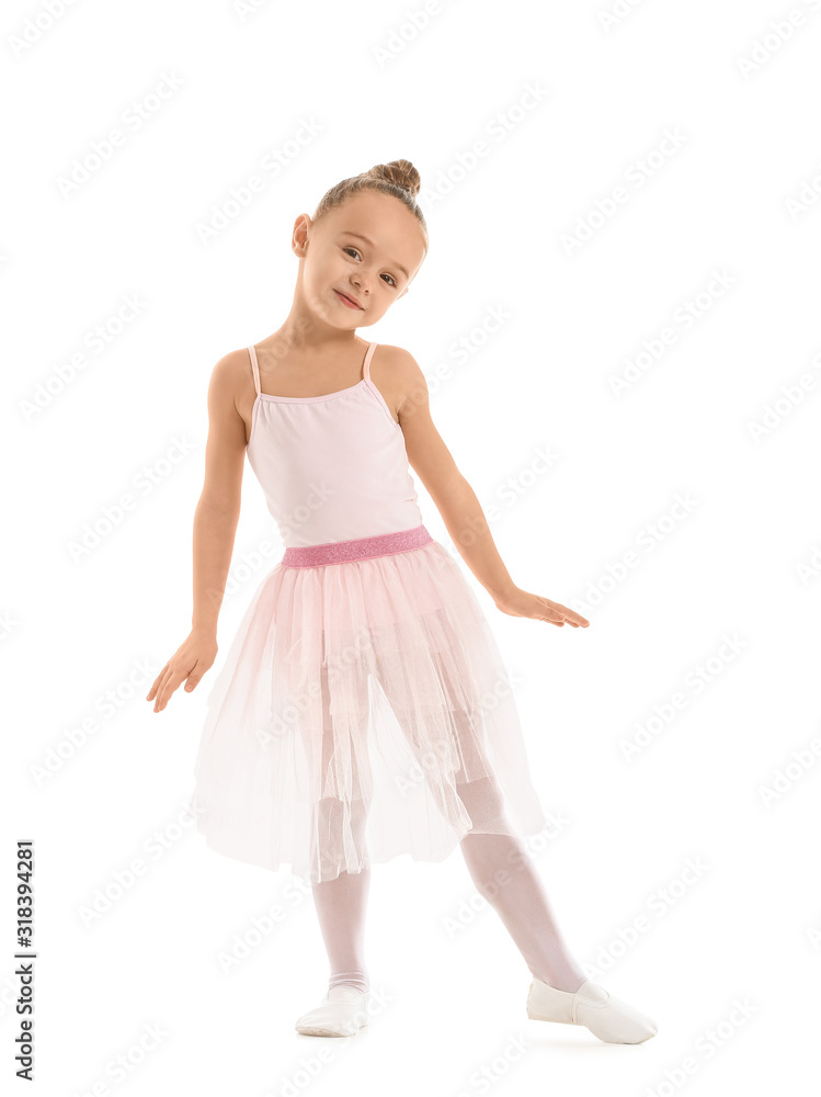 Cute little ballerina on white background